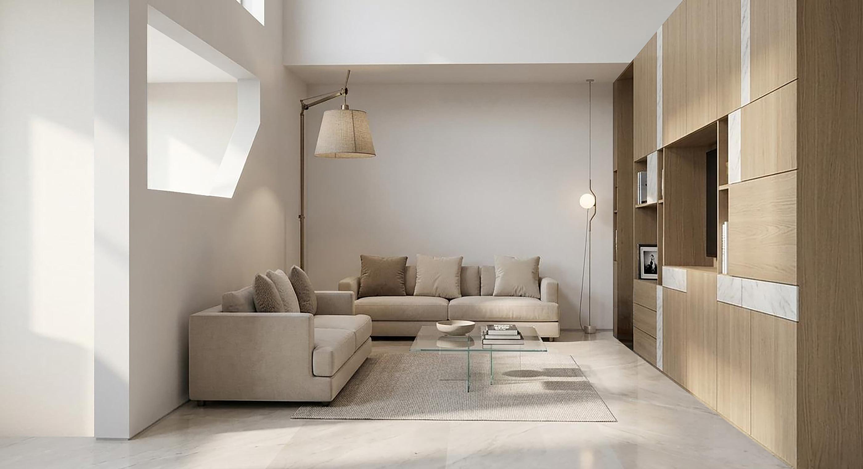 Casa A.M., alternativa distributiva del soggiorno con due divani e parete contenitiva