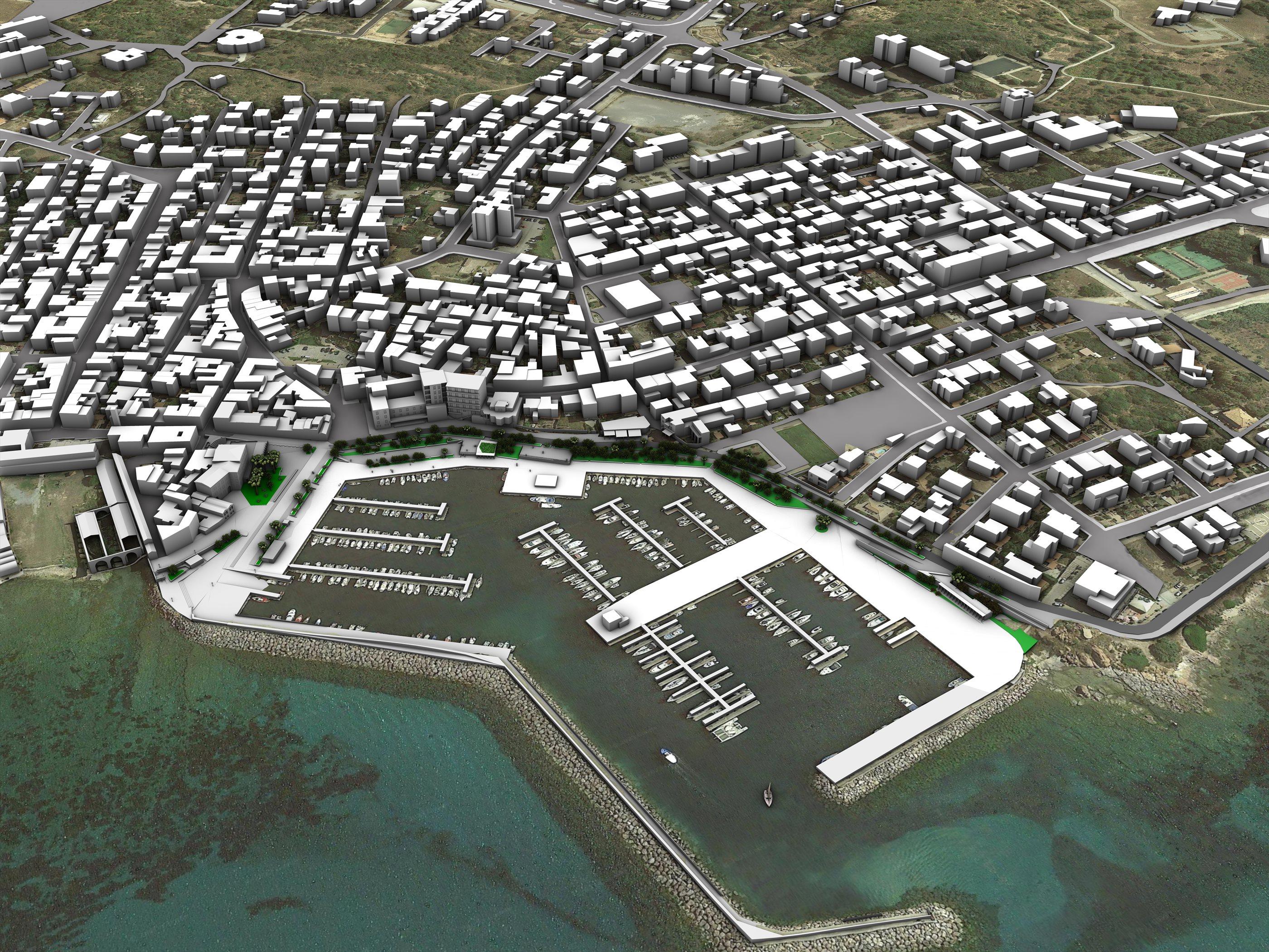 Vista aerea del porto e del sistema urbano di Portoscuso
