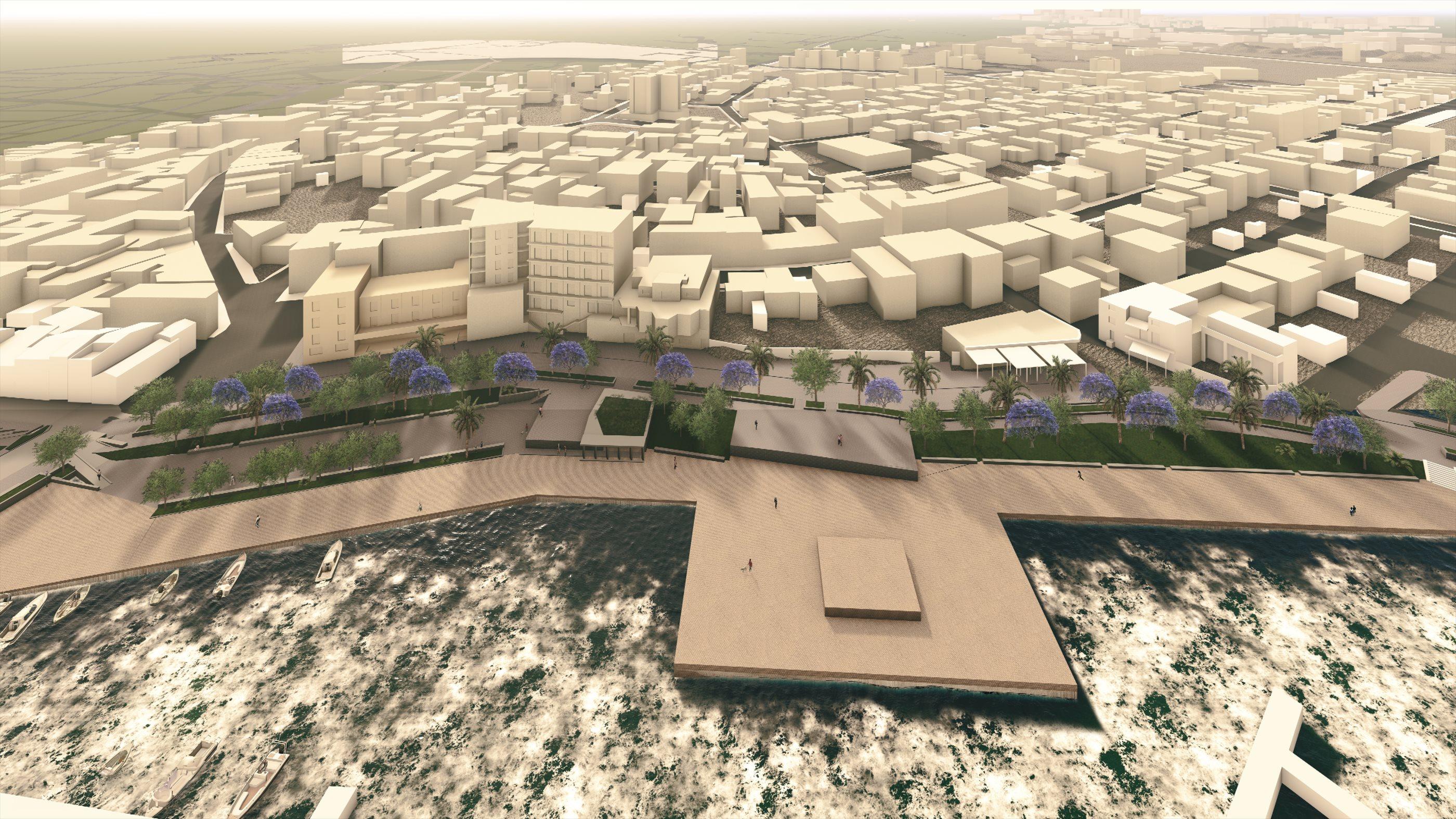 Vista d’insieme del progetto di riqualificazione del waterfront di Portoscuso