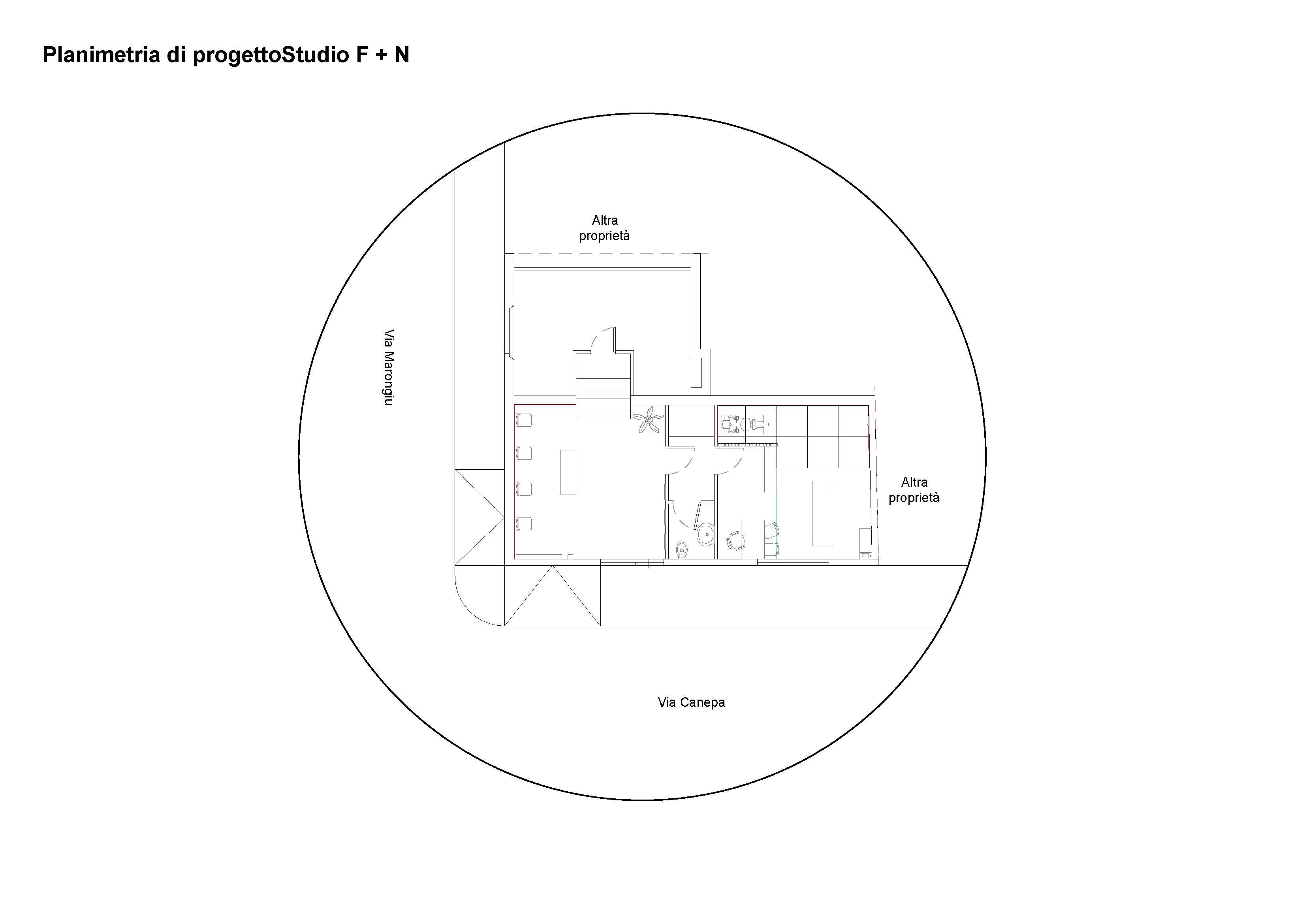 Studio F.N., planimetria di progetto con articolazione degli spazi di lavoro