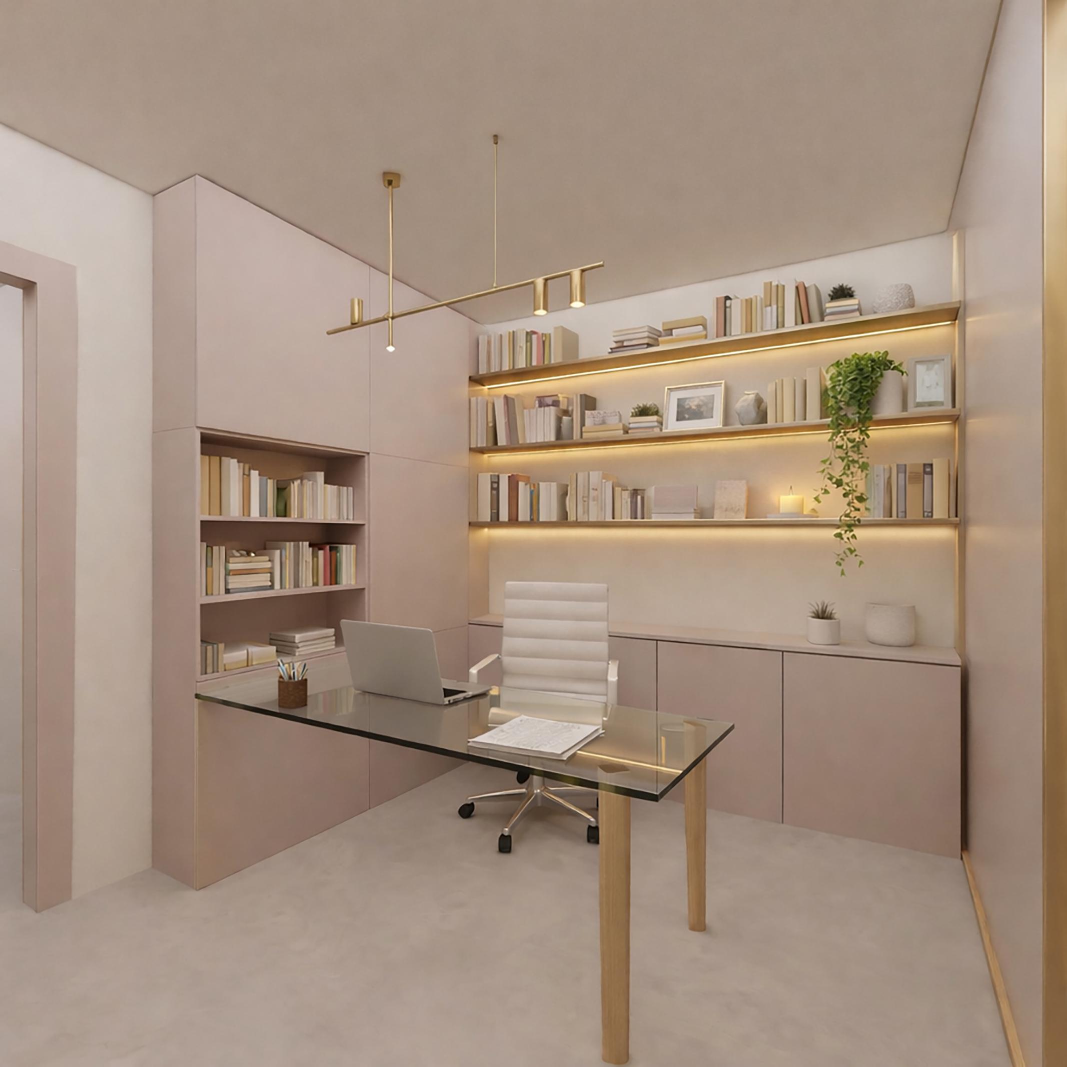 Studio I.A., postazione di lavoro con scrivania in vetro, libreria e mensole illuminate