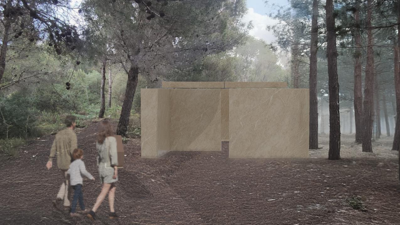 Via Statuaria Monte Tuttavista, simulazione della cappella tessile immersa nella pineta