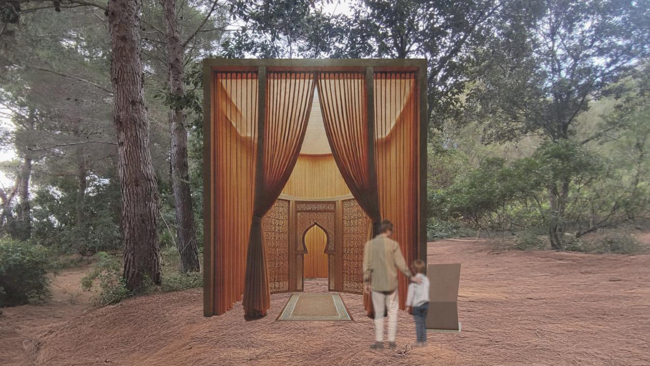 Via Statuaria Monte Tuttavista, simulazione angolare di spazio meditativo in legno nella pineta