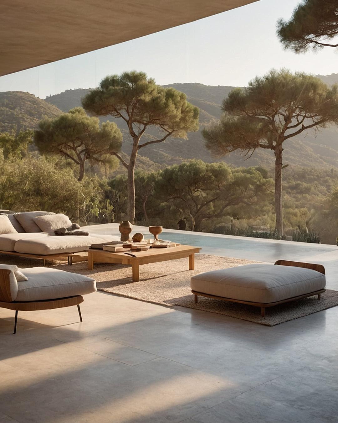 Villa V.01, spazio esterno coperto con affaccio sul paesaggio