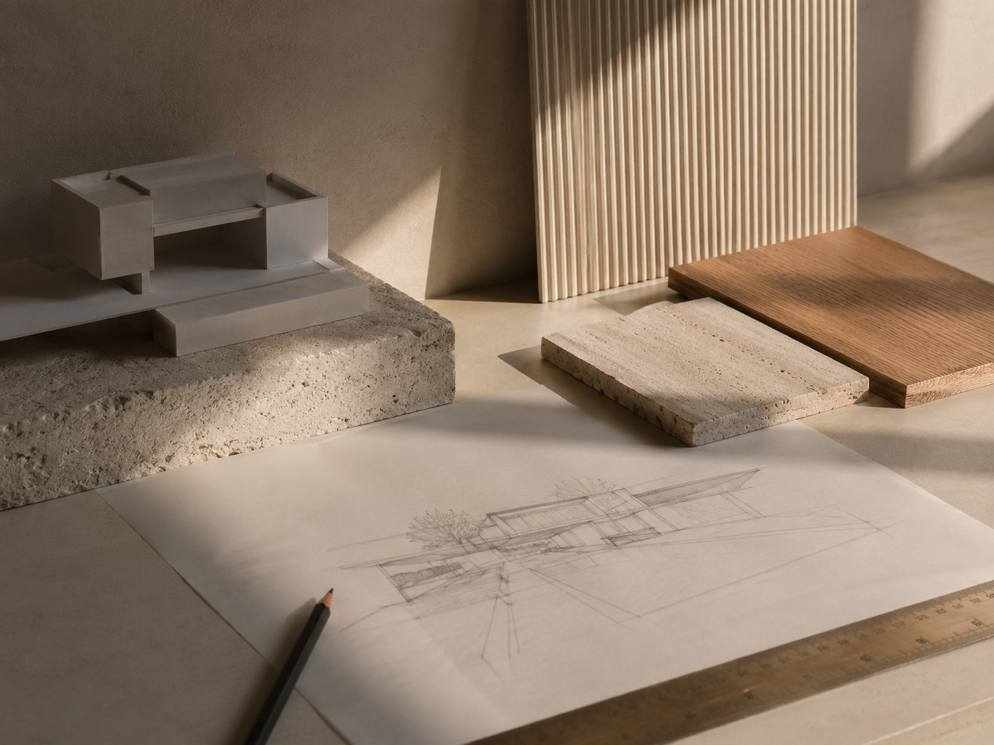 Materiali, modello e disegno architettonico su un tavolo di lavoro